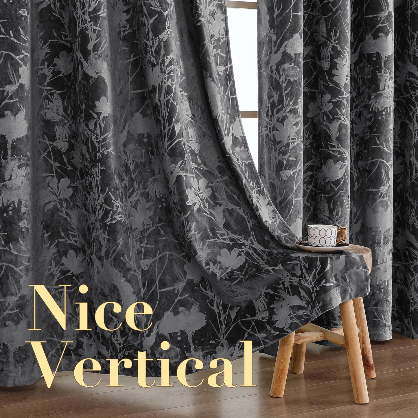 H.VERSAILTEX Luxury Velvet Curtains for Bedroom 108 Inches Length 2 Panels Thermal Birds and Lotus Floral Pattern Curtains for Living Room Boho Style Grommet Drapes for Theatre Hall, Dark Gray