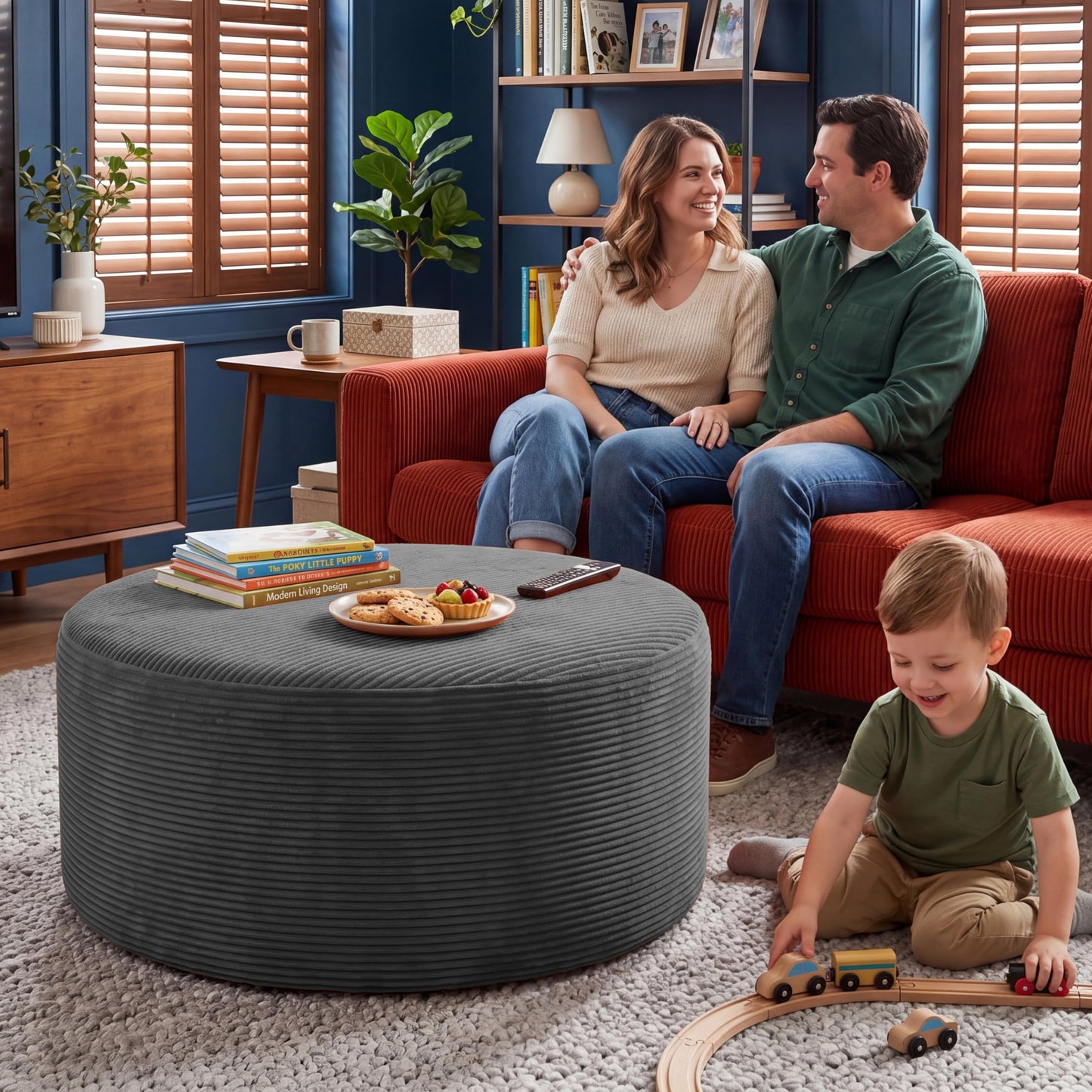 BSHOMGI Round Boneless Ottoman Oversized Ottomans for Living Room, Cloud Rectangle Pouf Coffee Table, Poofy Corduroy Foot Stoolsfor Living Room, Bedroom or Office