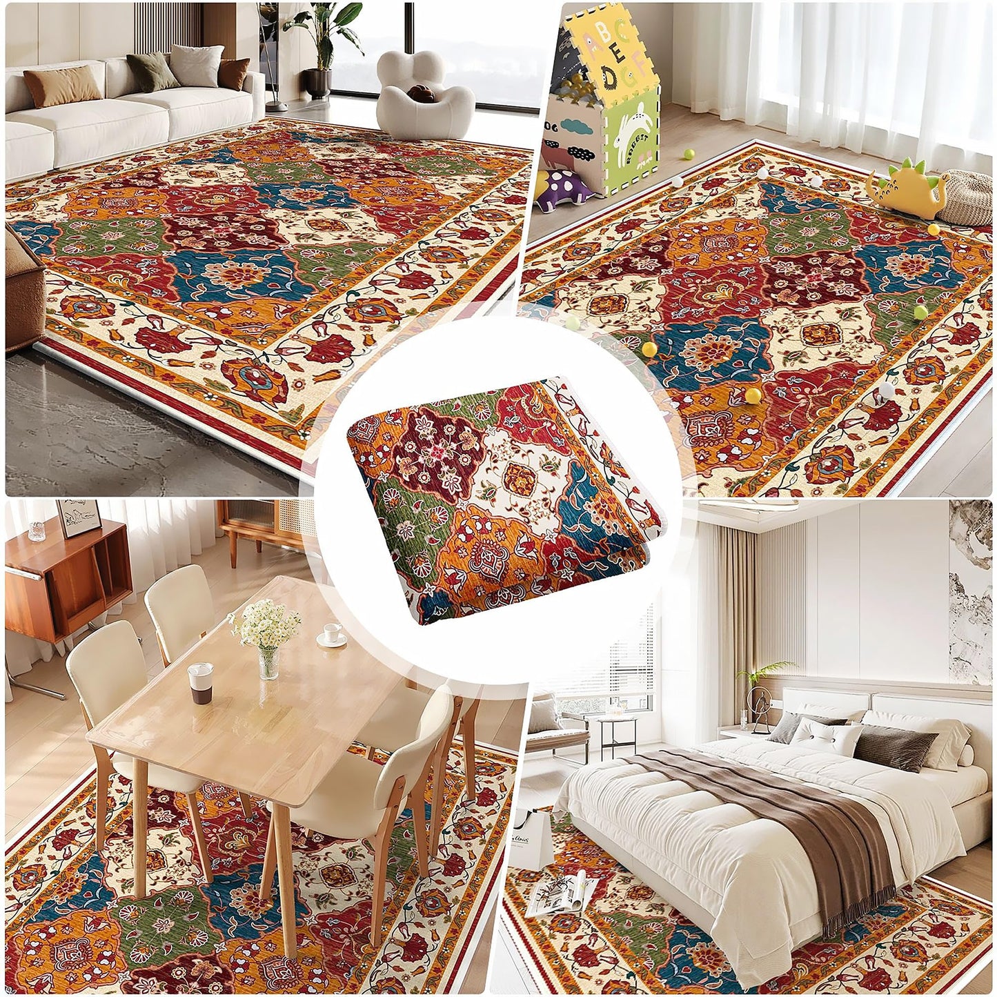 UKELER Nursery Rugs 5x7, Machine Washable Foldable Boho Floral Area Rugs, Non Slip Durable Low Profile Accent Rug for Kids Playroom Bedroom Living Room Dinning Room Dorm Office Hotel Farmhouse, Beige