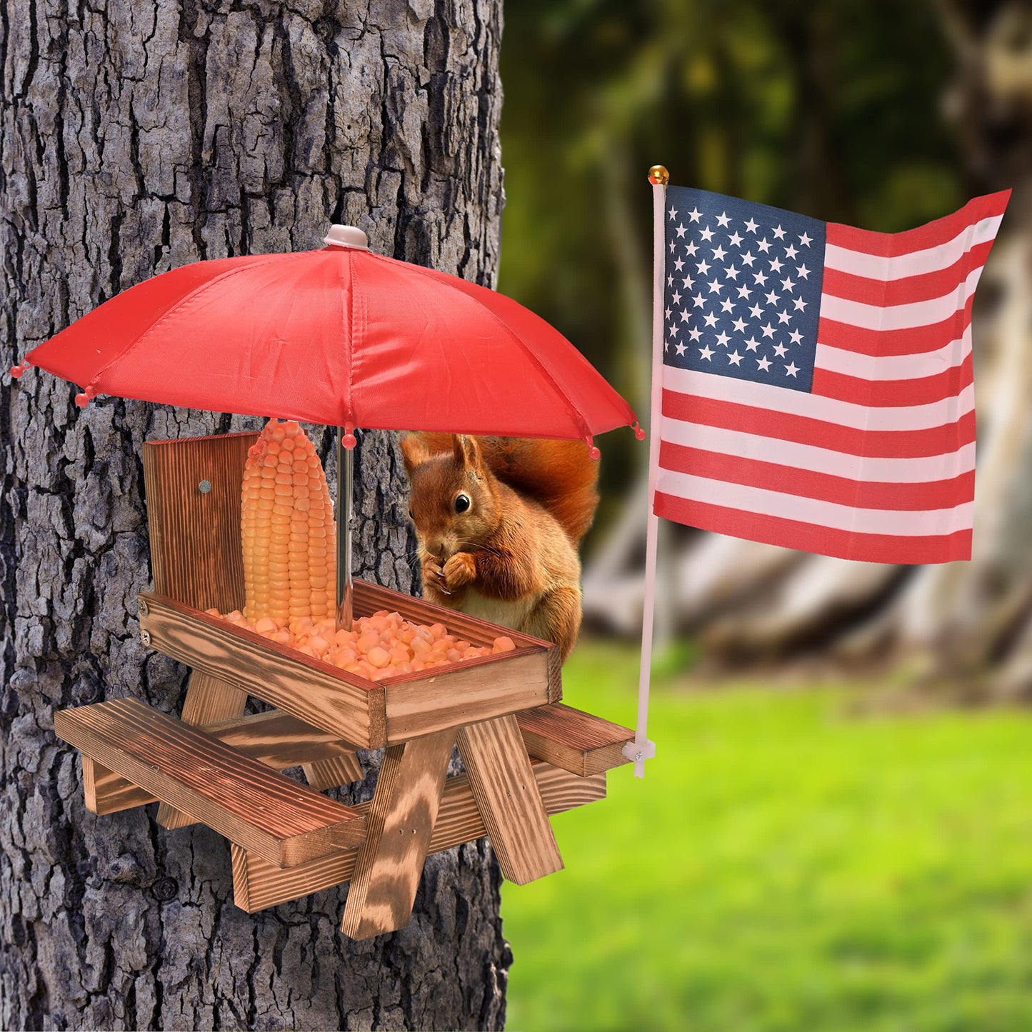 Squirrel Feeder Picnic Table with Umbrella, Wooden Squirrel Table Feeder Outside Funny with Corn Cob Holder for Yard and Porch Decoration, Easy to Fill Peanuts in Shell and Nuts