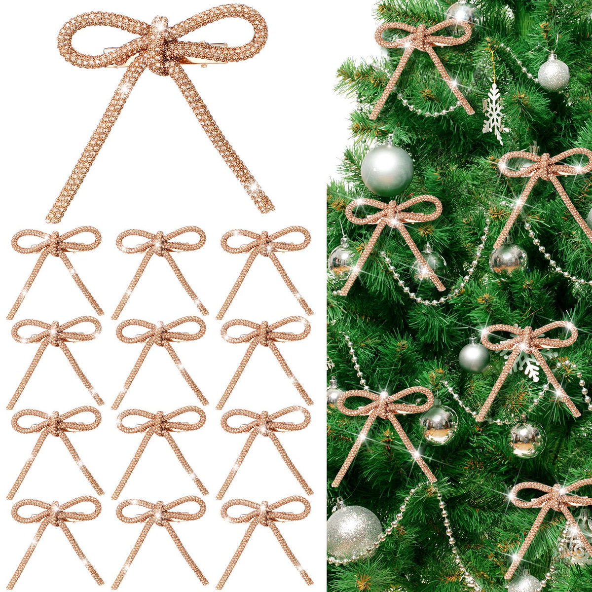 12 Pcs 3.2''x2.8'' Gold Glitter Christmas Bows Ornaments with Clip Metal Shiny Christmas Tree Decorations Bows for Wreath Garland Xmas Party Decorations Wedding Baby Shower Home Indoor Outdoor