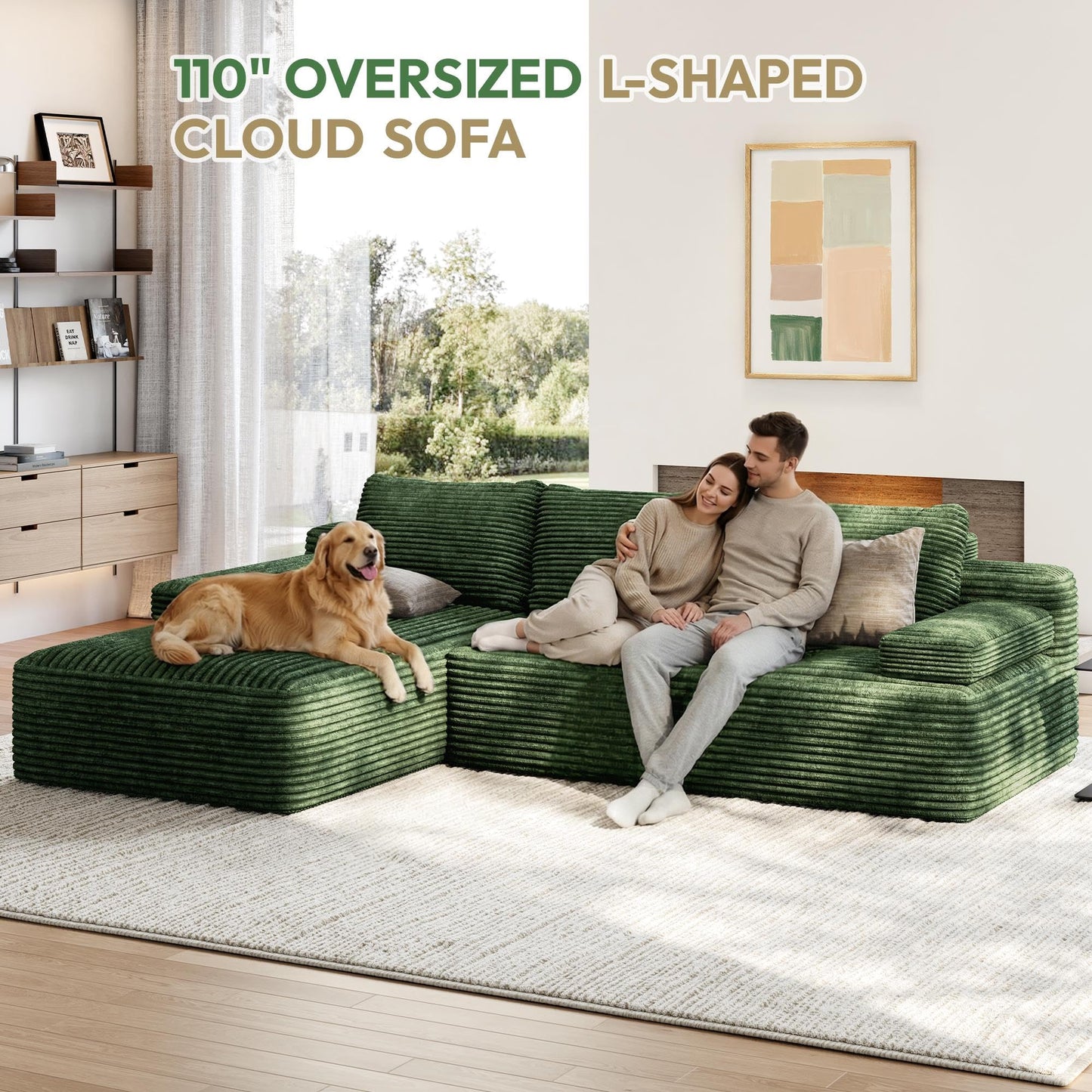 Yaheetech 110" Modular Sectional Sofa Corduroy Boneless Couch with Chaise L-Shape Cloud Couch with Detachable Pillows No Assembly Sofa for Living Room, Green
