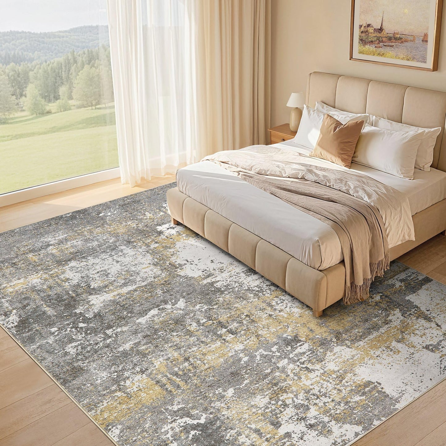 Micgeek Area Rug Living Room - 9X12 Abstract Washable Large Soft Foldable Non Slip Rug Neutral Modern Low Pile Carpet for Bedroom Nursery Dining Room Farmhouse Home Office Indoor - Grey Gold