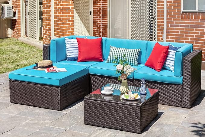 Vongrasig 5 Piece Furniture Sets, All-Weather Brown PE Wicker Outdoor Couch