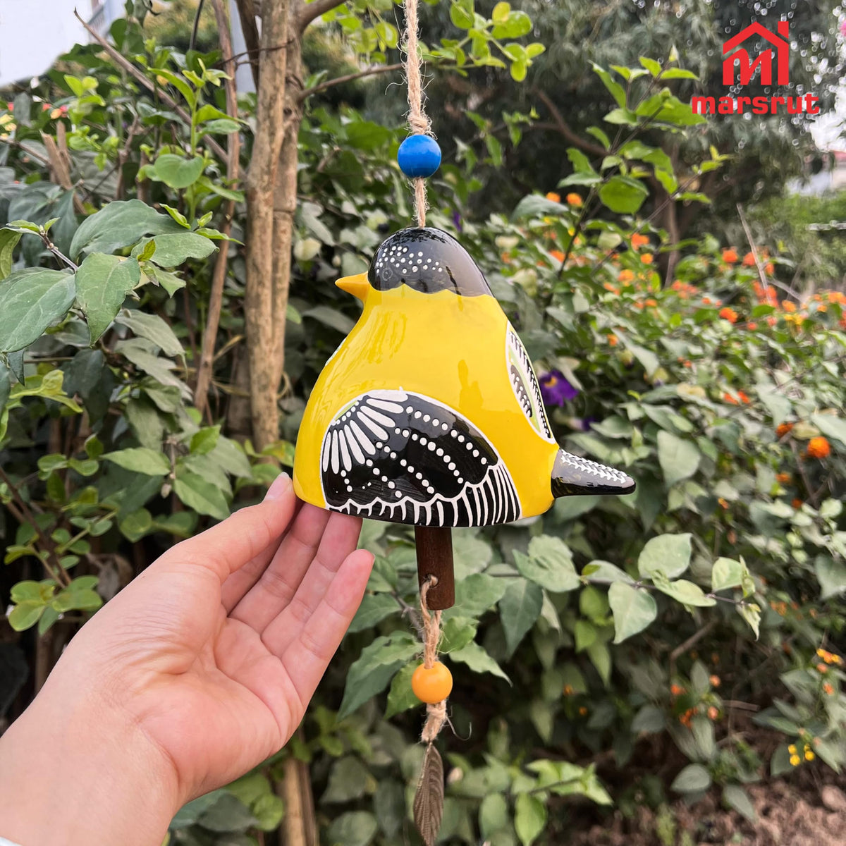 Bird Song Bell Wind Chime, Ceramic Cardinal Fashion Hanging Windchimes for Rustic Music Garden Backyard Church Decoration Porch Outside Outdoor Festival Memorial Gift Witness Friendship (Yellow)