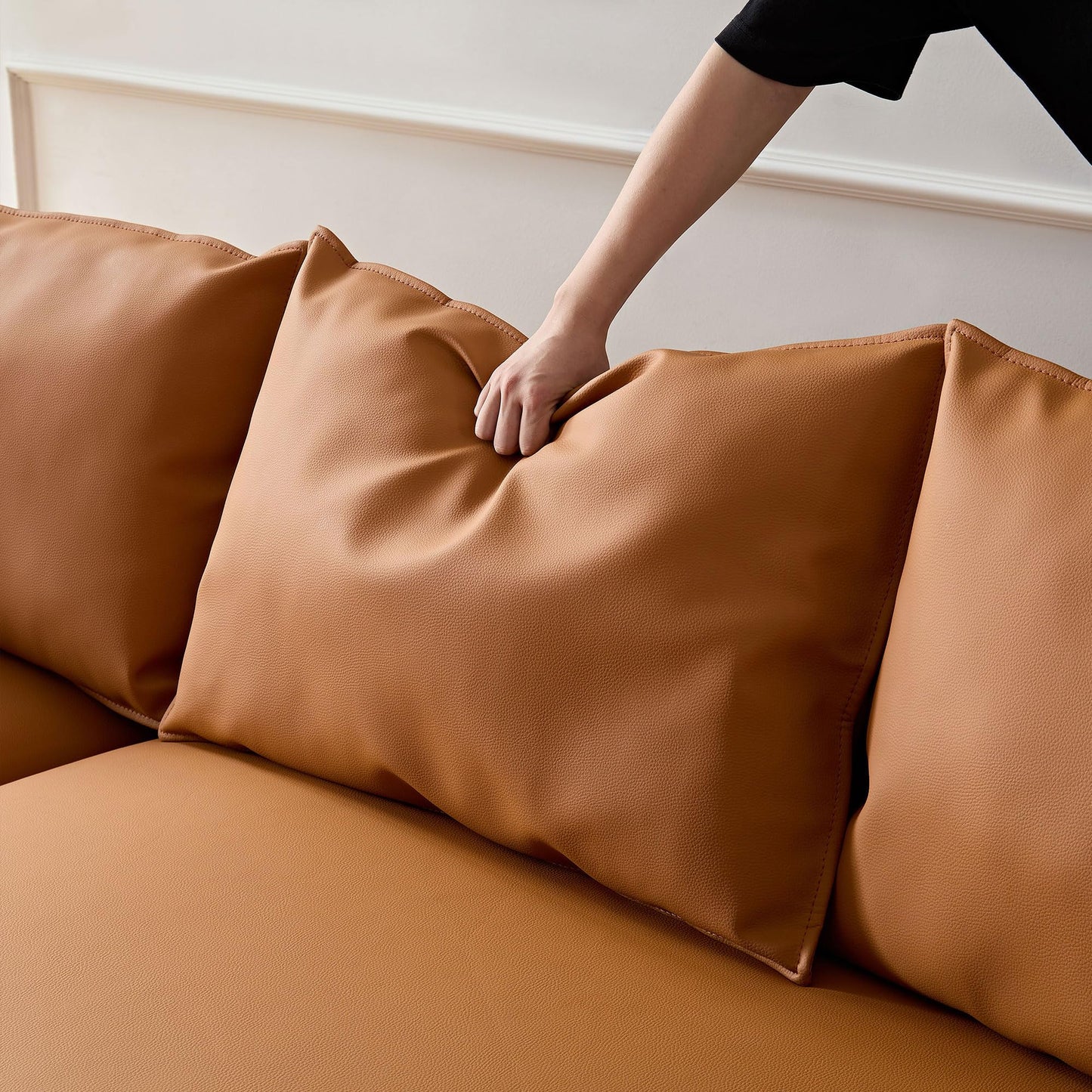 BBTJOINT Modern Curved Sofa for Living Room – Customizable Modular L-Shape Sectional with Semicircular Chaise, Faux Leather Upholstery, Minimalist Deep Seat, Orange