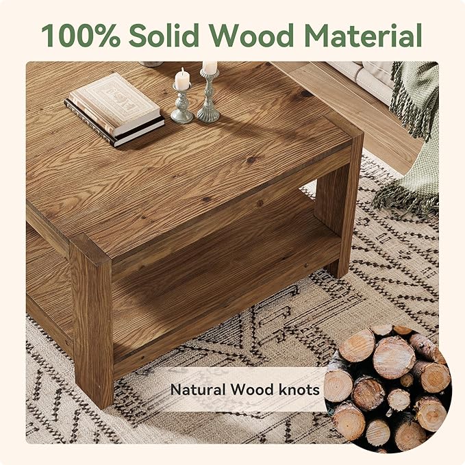 Solid Wood Coffee Table, 31.5" Square Farmhouse Center Table