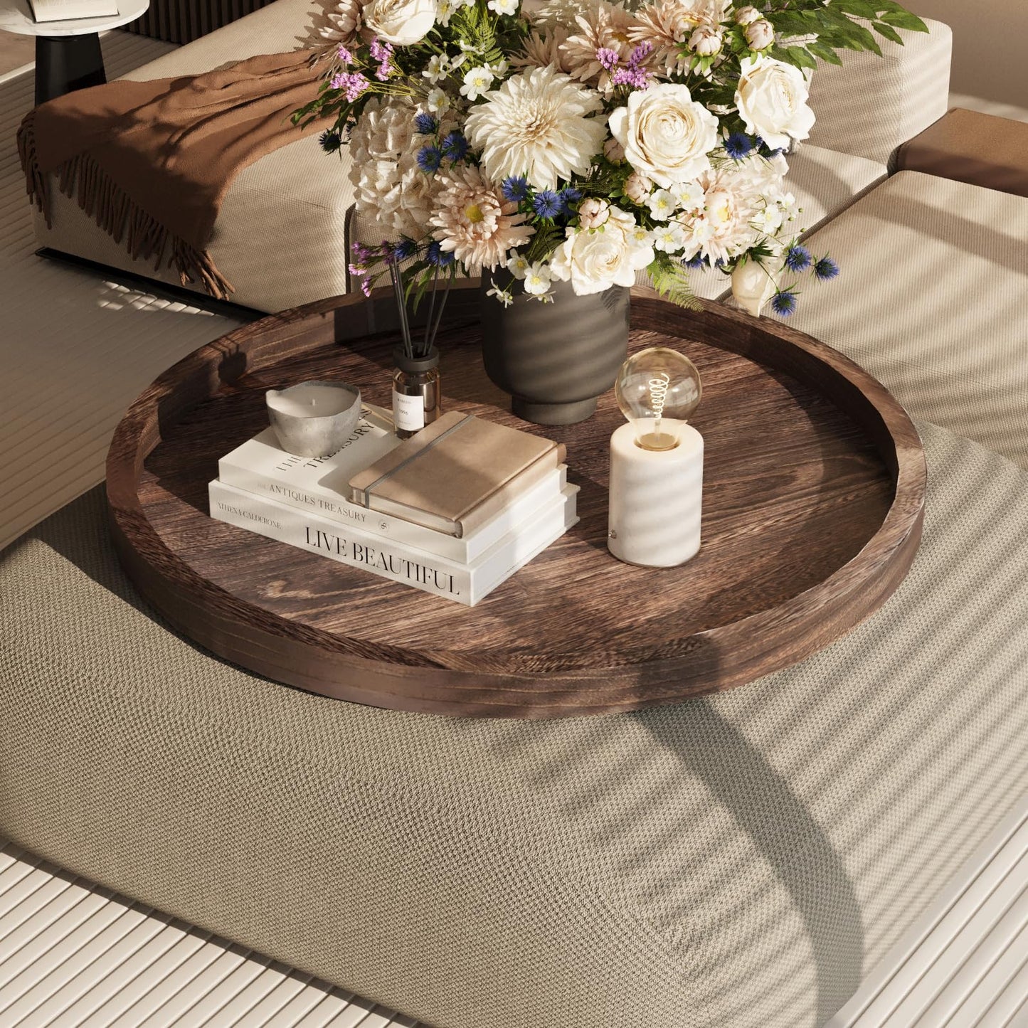 Round Ottoman Tray Large Wood Serving Tray for Table Living Room Bedroom, 20 Inches Rustic Brown