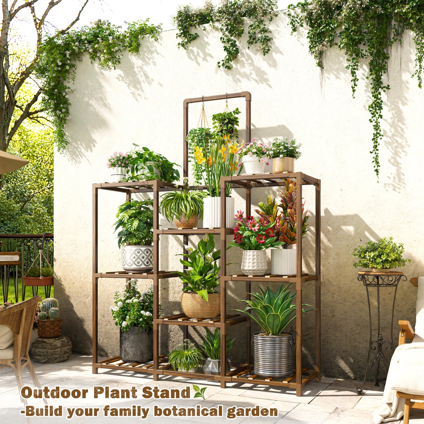 EnHomee Plant Stand Indoor Tall Plant Stand Outdoor Large Wood Plants Shelf with 10-12 Pots for Patio, Living Room, Garden, Balcony, 34.5" Wx47.3 Hx11.78 D