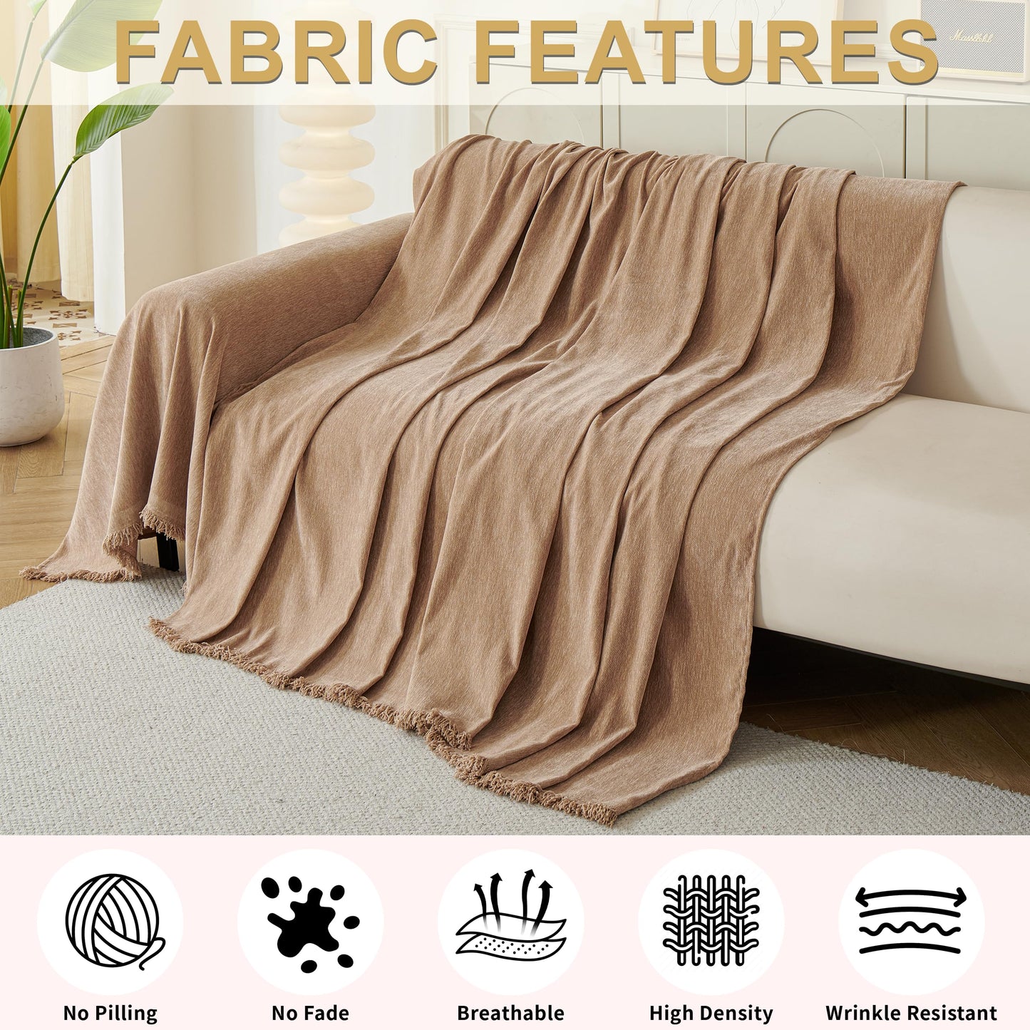 KaviKon Sectional Couch Covers 2-Piece for L Shape Sofa, Chenille Washable Sofa Cover for 2-3 Cushion Couch, Non-Slip Furniture Protector for Dogs,Pets, Soft Couch Blanket Slipcovers Sets (L-Khaki)