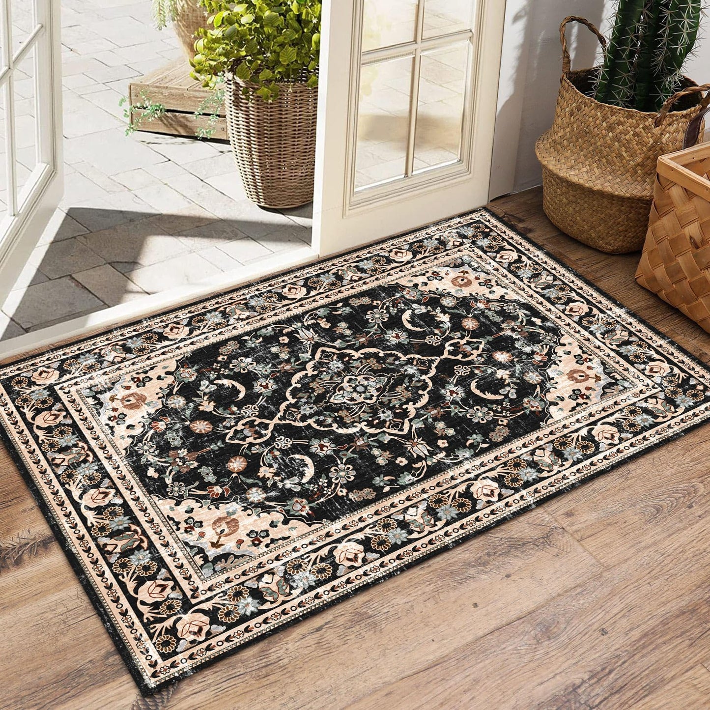 Vhong 2×3 Black and Brown Washable Area Rugs Boho Vintage Modern Neutral Small Carpet Low Pile Doormat High Traffic Rugs for Bathroom Kitchen Entryway Non Slip