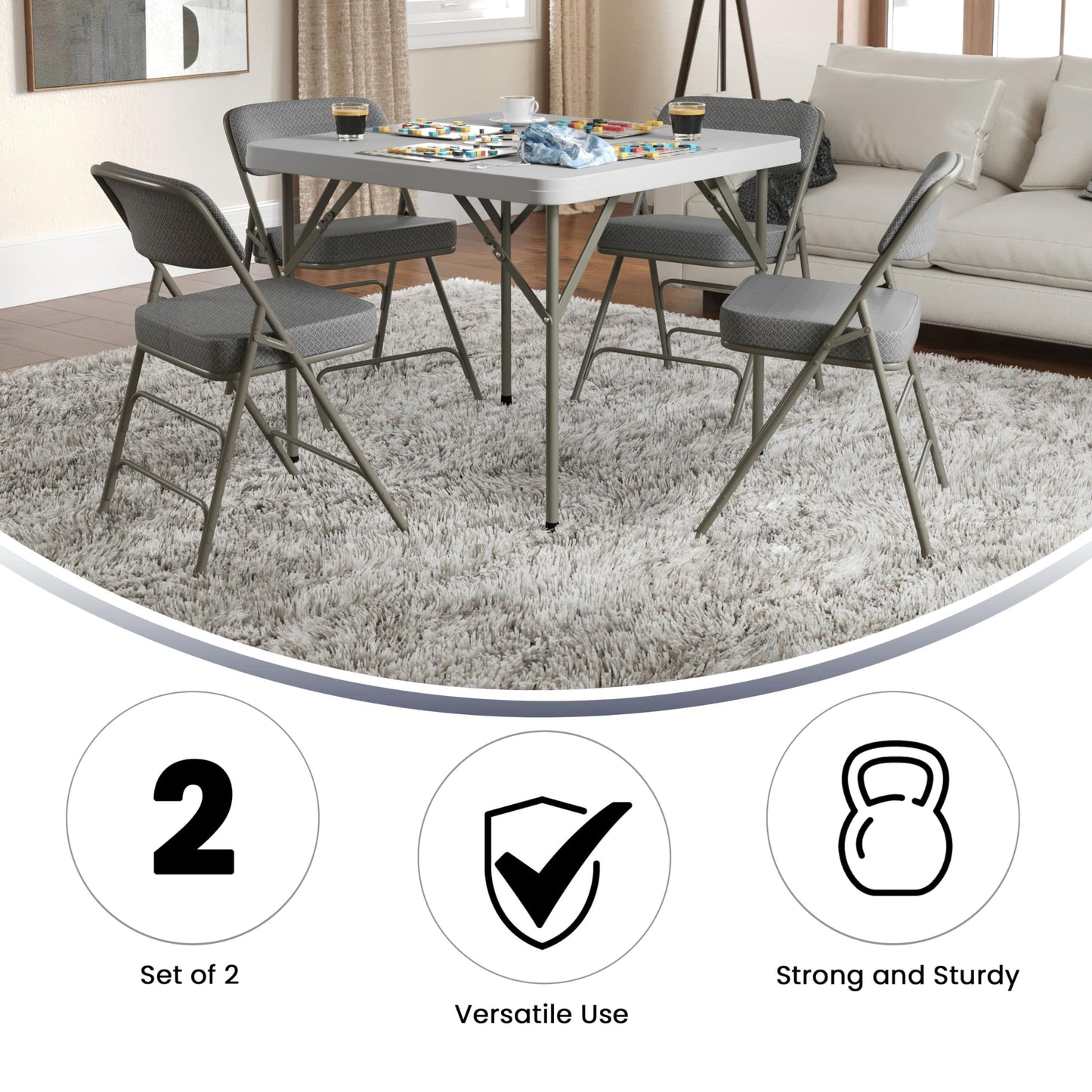 Flash Furniture Hercules Series Metal Folding Chairs with Cushioned Seats, Fabric Upholstered Event Chairs, Set of 2, Gray