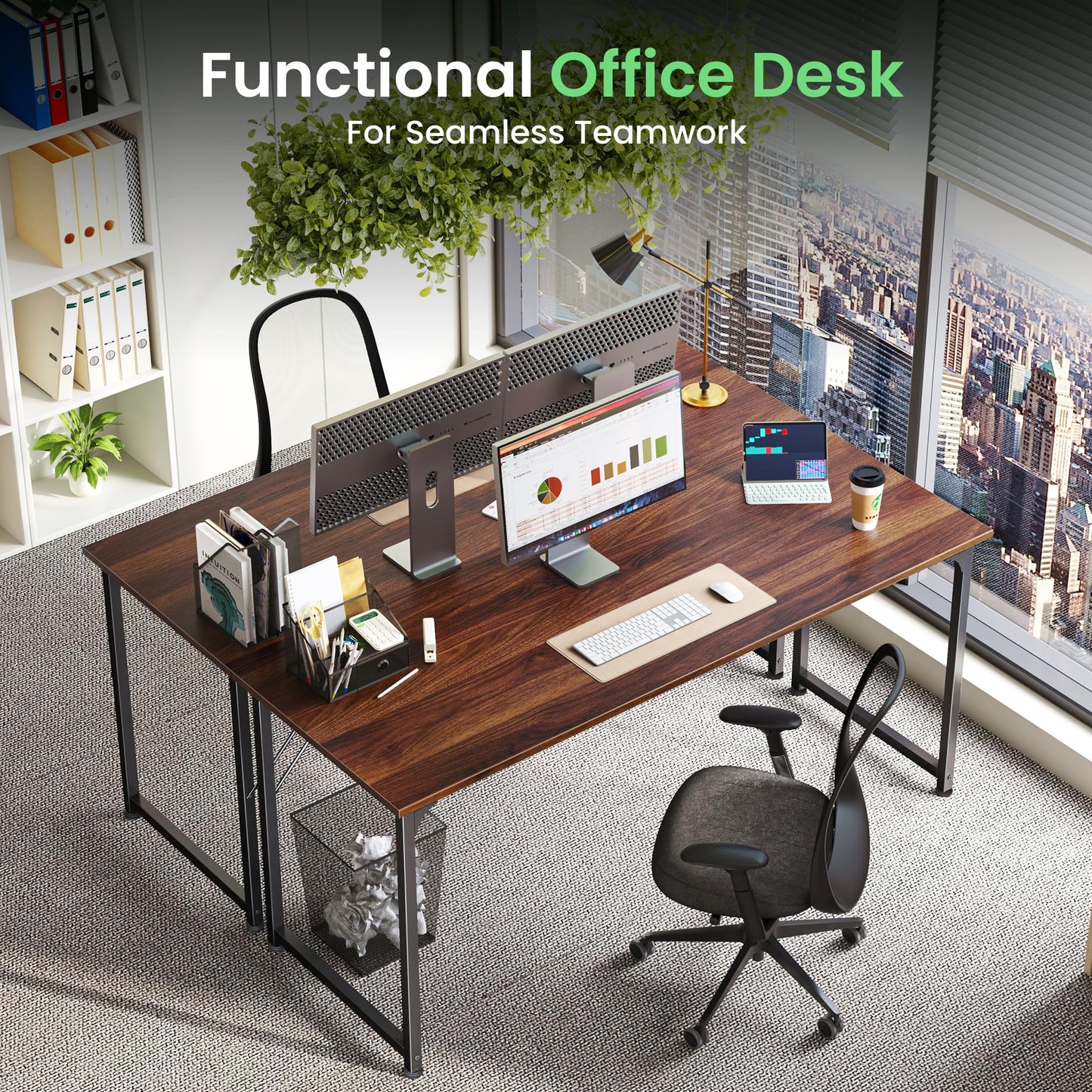 Huuger Computer Desk, 54 Inch Office Desk, Gaming Desk with Storage, Writing Desk Work Desk for Home Office, Study, Modern Simple Desk, Large Legroom, Metal Frame, Walnut