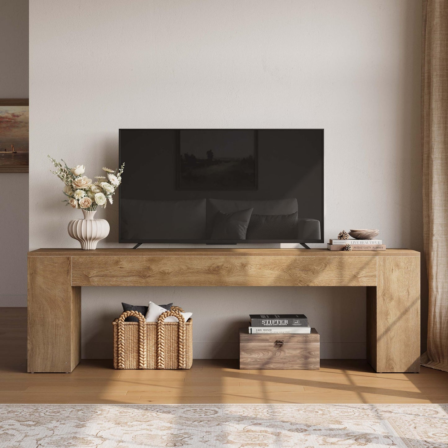 LITTLE TREE 70.8" TV Stand, Wooden Entertainment Center, Low TV Console Table for TVs Up to 80", Modern Chic Entertainment Center for Living Room, Bedroom, Apartment, Rustic Brown, Easy Assembly