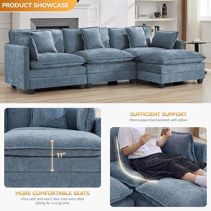 111'' Sectional Cloud Deep Seat Couch, Modern Comfy Chenille L Shaped Sectional