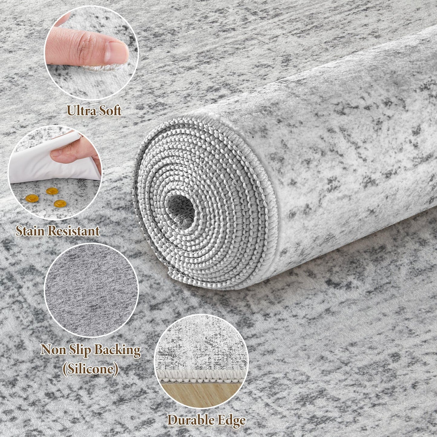 ELLIUNE 5x7 Area Rugs Living Room: Washable Non Slip Soft Abstract Gray Rugs for Bedroom Dining Deor, Low Pile Stain Resistant Indoor Carpet for Farmhouse Nursery Office Kid & Pet Friendly