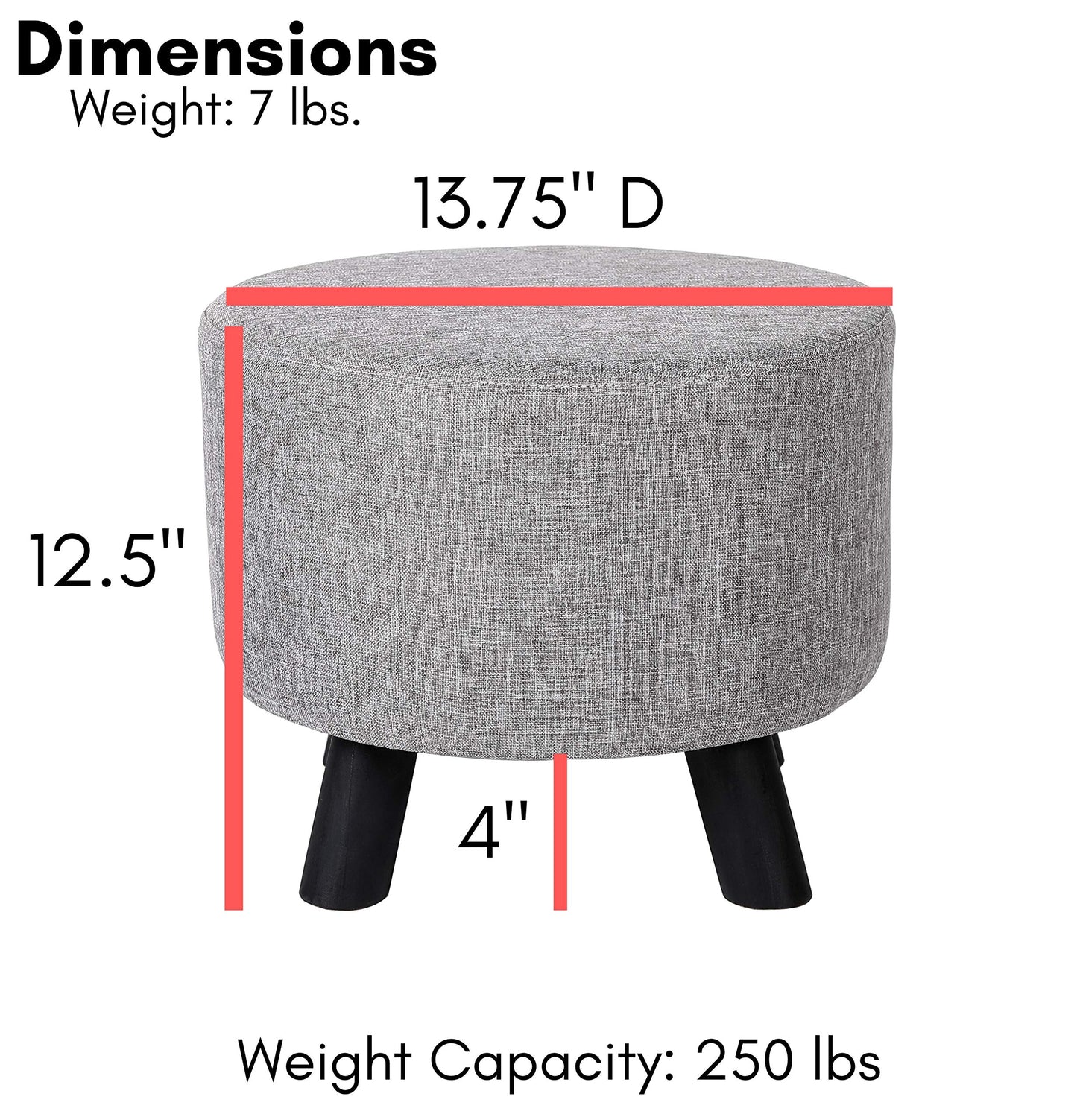 BIRDROCK HOME Grey Linen Foot Stool Ottoman – Soft Compact Round Padded Seat – Living Room and Bedroom – Black Wood Legs Upholstered Decorative Furniture Rest – Vanity Seat