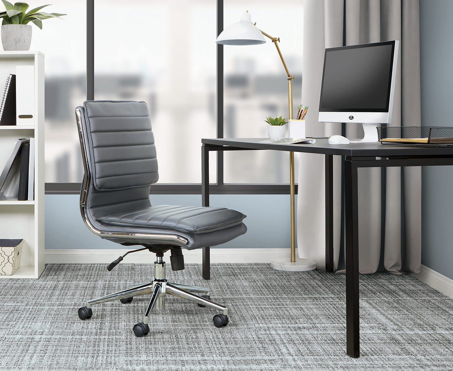Office Star SPX Professional Ergonomic Ribbed Faux Leather Office Chair with Chrome Base, Mid Back Manager's Chair Without Arms, Charcoal