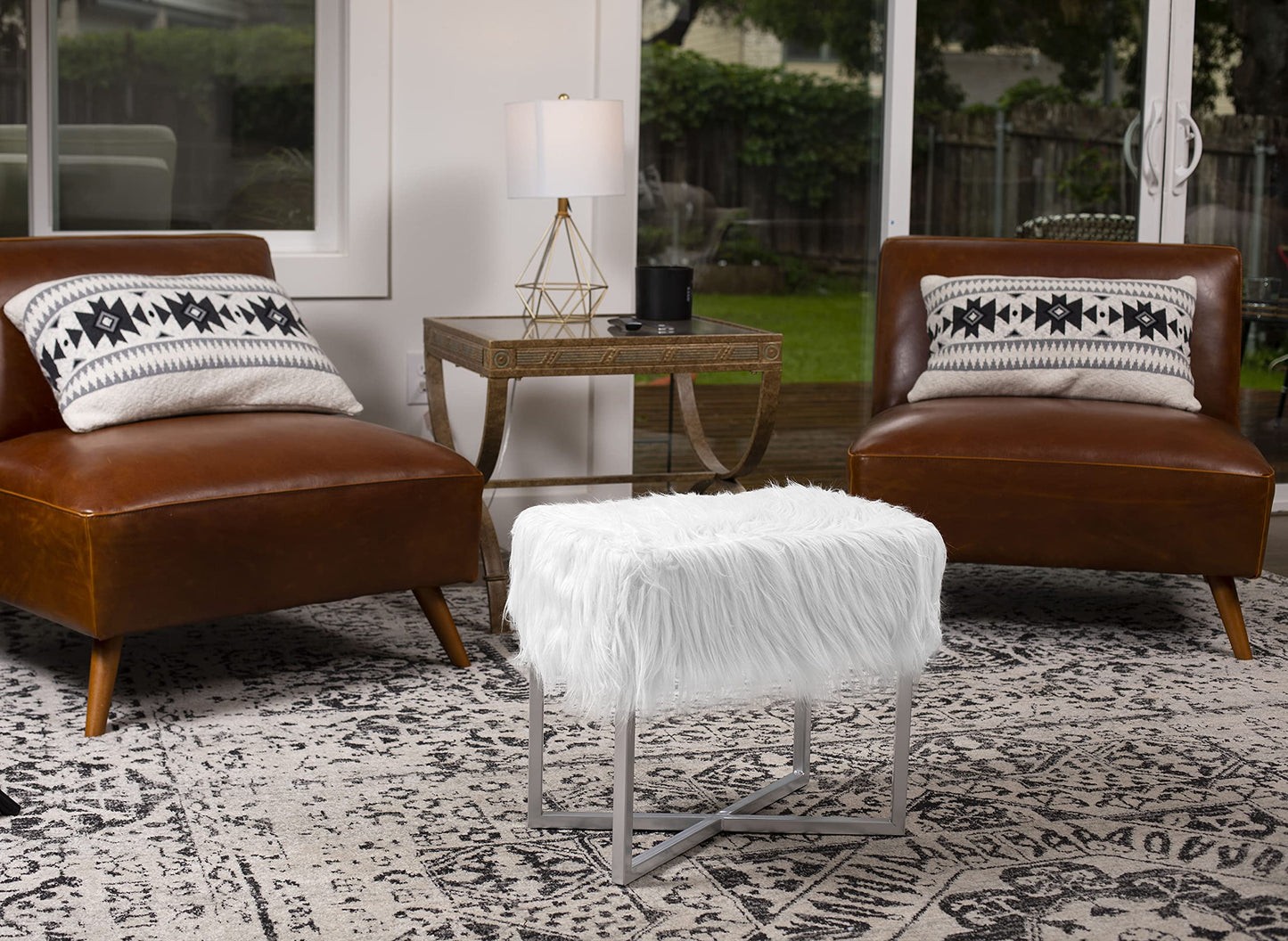 BIRDROCK HOME Rectangular Faux Fur Vanity Foot Stool Ottoman with Metal Legs - Small Soft Padded and Fluffy Makeup Seat or Foot Rest for Bedroom, Desk, or Dressing Table (White and Gray)