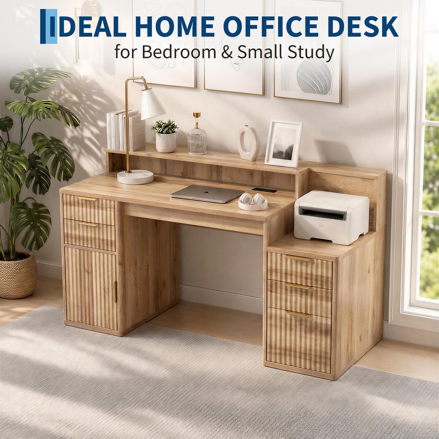 IDEALHOUSE Rectangular Computer Desk with Hutch & Printer Stand, Ripple Door Storage Home Office Desk, Space-Saving Study Writing Desk for Bedroom, Sturdy Board Student Desk with Easy Assembly