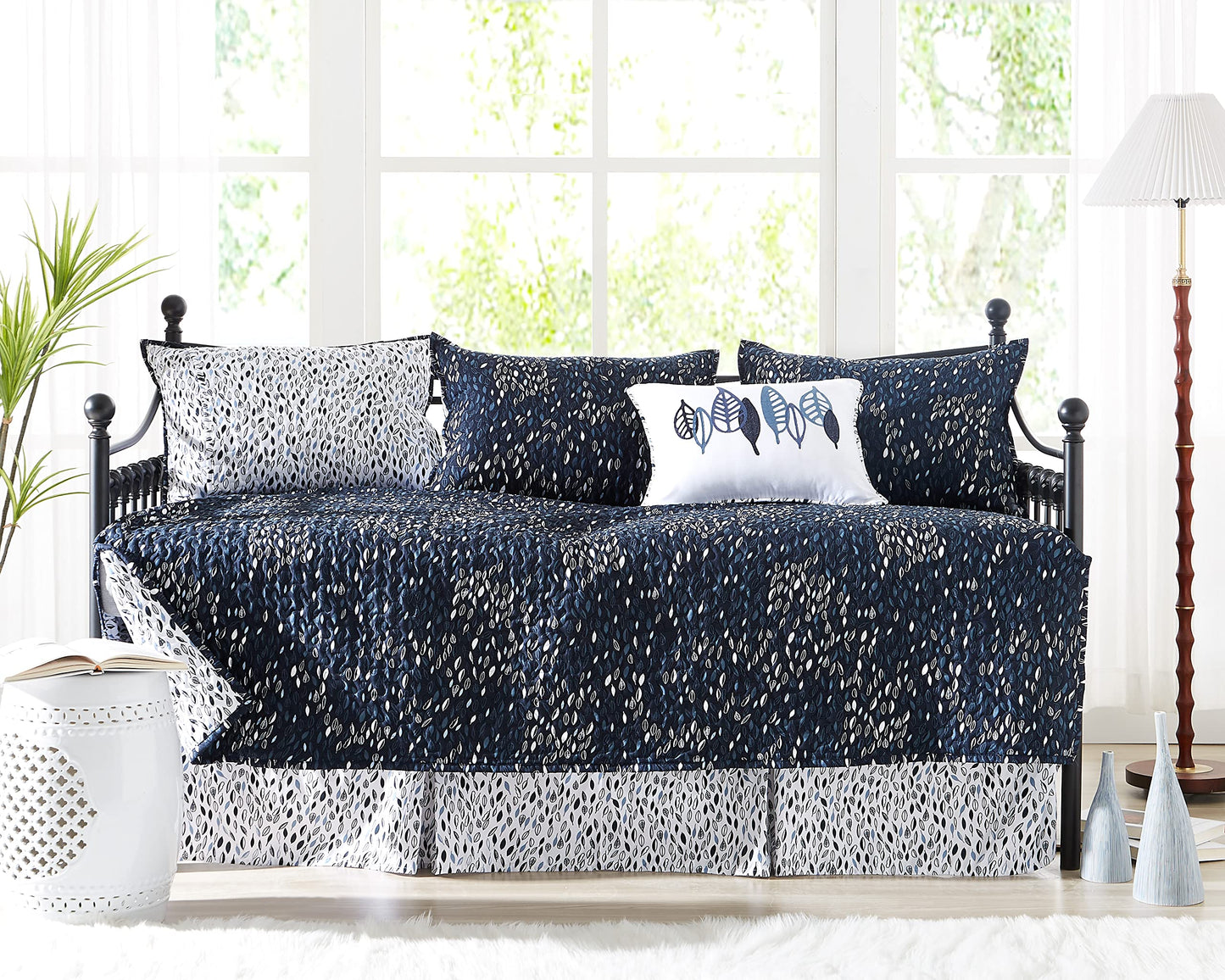 Southshore Fine Living, Inc. Twin Day Bed Comforter Sets, 6-Piece Trundle Bed Bedding Set with Bedspread, 3 Pillow Shams, Bedskirt, Throw Pillow - Daybed Quilt Set, Botanical Leaves Blue