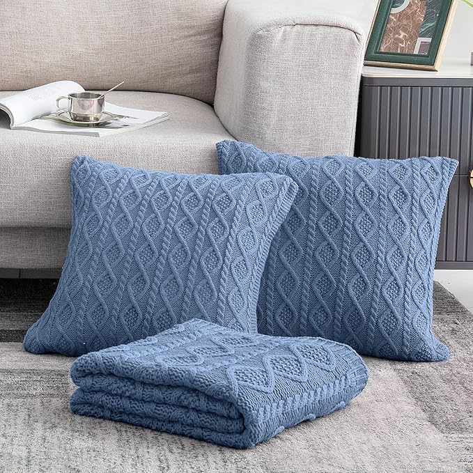 Homiest Dusty Blue Cable Knit Throw, 60 x 80 Inch, Lightweight Acrylic Knitted