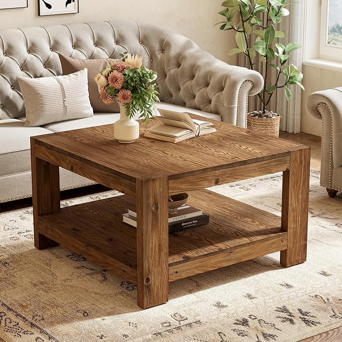 Solid Wood Coffee Table, 31.5" Square Farmhouse Center Table