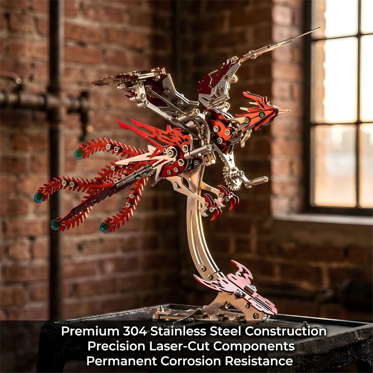 Gold-Plated Metal Phoenix Model Kit - 3D Stainless Steel Mythical Bird Puzzle for Adults - Mechanical Firebird Figurine - Steampunk Kinetic Art Sculpture - Home Decor Gift(Phoenix-Red)