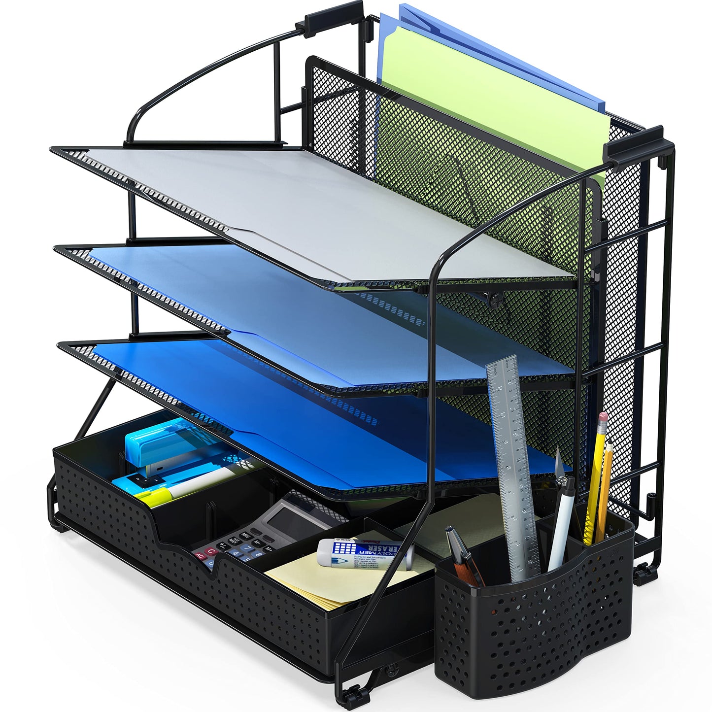 Simple Houseware Desktop Document Tray Organizer with Sliding Drawer, Caddy, Hanging File Section, Black
