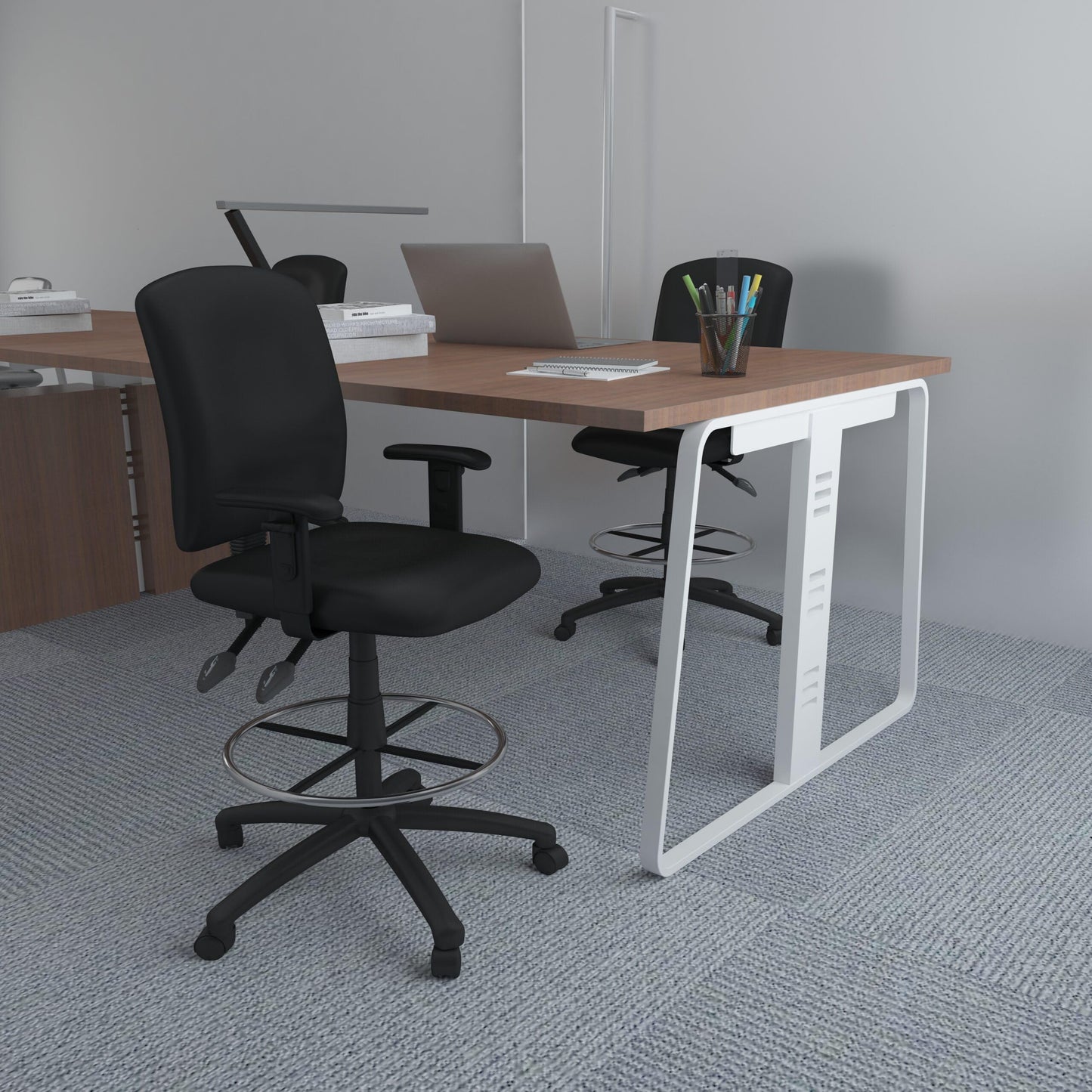 BOSS Office Products B1646 Multi-Function LeatherPlus Drafting Stool with Adjustable Arms, Black