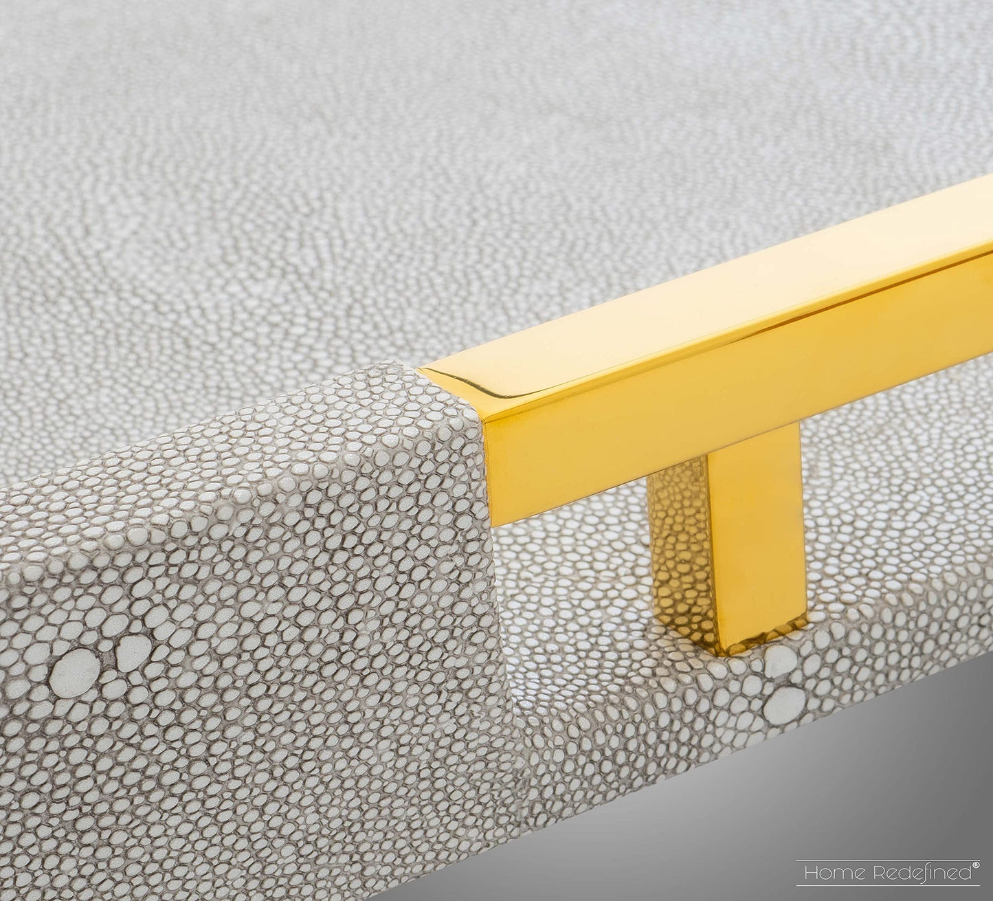 Home Redefined Modern Elegant 17.5"x12" Rectangle Glossy Grey Shagreen Faux Leather Decorative Tray Ottoman Coffee Table Perfume Kitchen Display Perfume Serving Tray with Gold Polished Metal Handles.