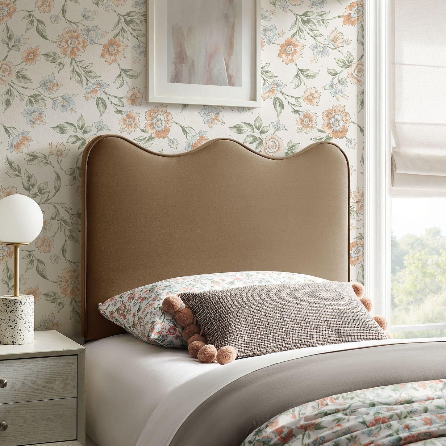 Monday Athena Twin Size Performance Velvet Adjustable Headboard in Taupe - with Scalloped Wave Design and Stain-Resistant Velvet Upholstery