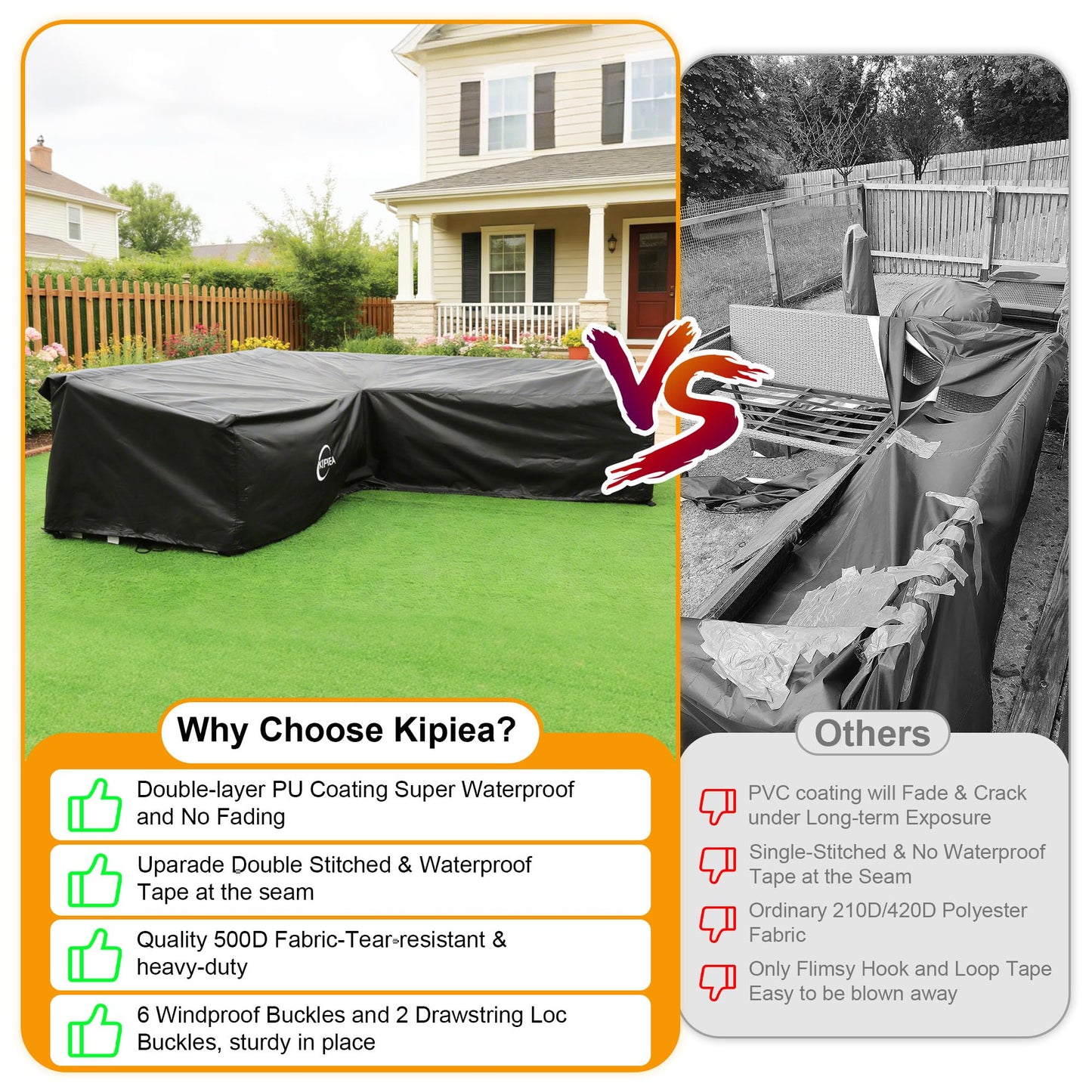 Kipiea L-Shape Patio Furniture Covers Waterproof, 500D Heavy Duty Outdoor Sectional Cover Windproof, Outdoor Couch Cover Anti-UV, No Tears & No Fading (Left Facing, 90" x 120" L x 33.5" D x 31" H)