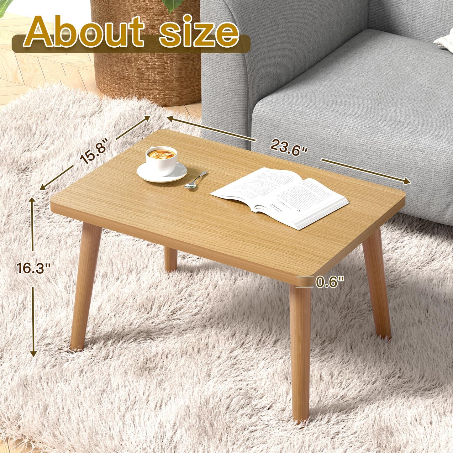 Coffee Table Low Table with 4 Solid Wood Leg, Floor Table Desk for Sitting on The Floor, Small Coffee Table for Small Space, Japanese Side Table for Living Room Apartment Home, Rectangle Brown