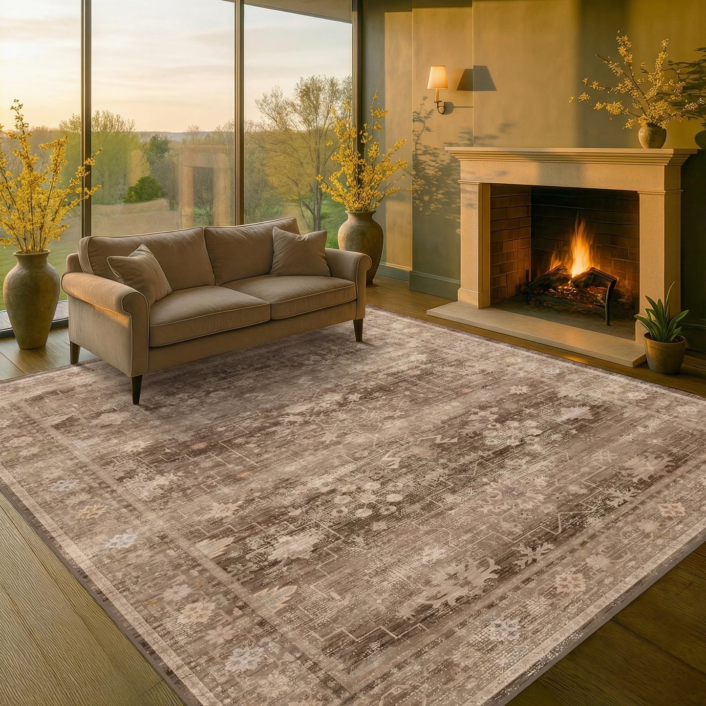 Hazo Haus Brown 9x12 Living Room Rug - Vintage Western Eclectic Unique Neutral Taupe, Washable Low Pile Non-Slip Large Area Rugs for Dining Under Table Bedroom Under Bed