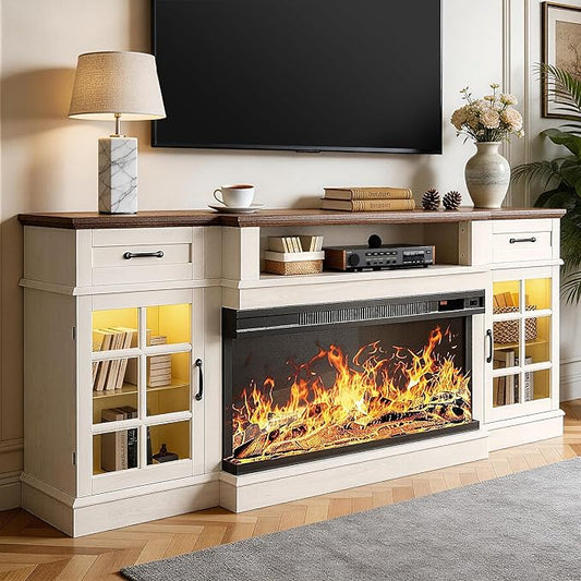 MXV 70" Fireplace TV Stand, 3-Sided Glass Fireplace and Modern Entertainment