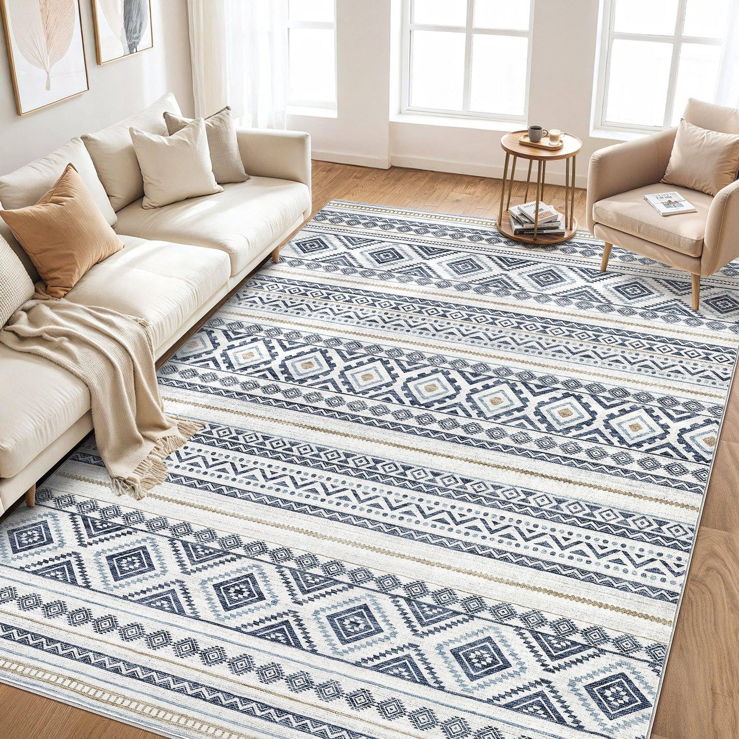 cotiled 5x7 Area Rugs Living Room Rug: Washable Boho Rugs with Non Slip Backing Large Soft Indoor Stain Resistant Carpet for Bedroom Farmhouse Dining Room Lightweight Home Decor Blue