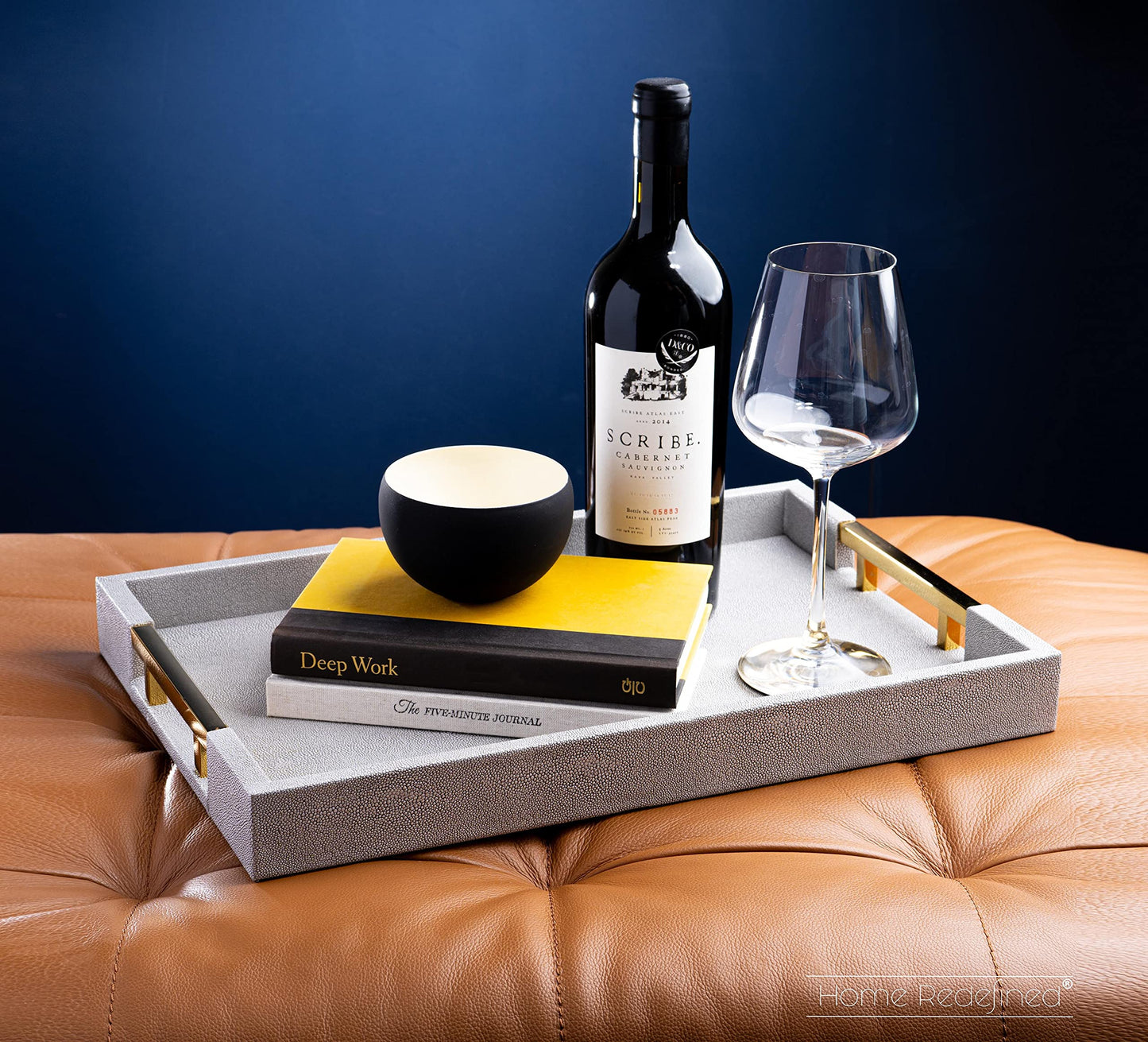 Home Redefined Modern Elegant 17.5"x12" Rectangle Glossy Grey Shagreen Faux Leather Decorative Tray Ottoman Coffee Table Perfume Kitchen Display Perfume Serving Tray with Gold Polished Metal Handles.