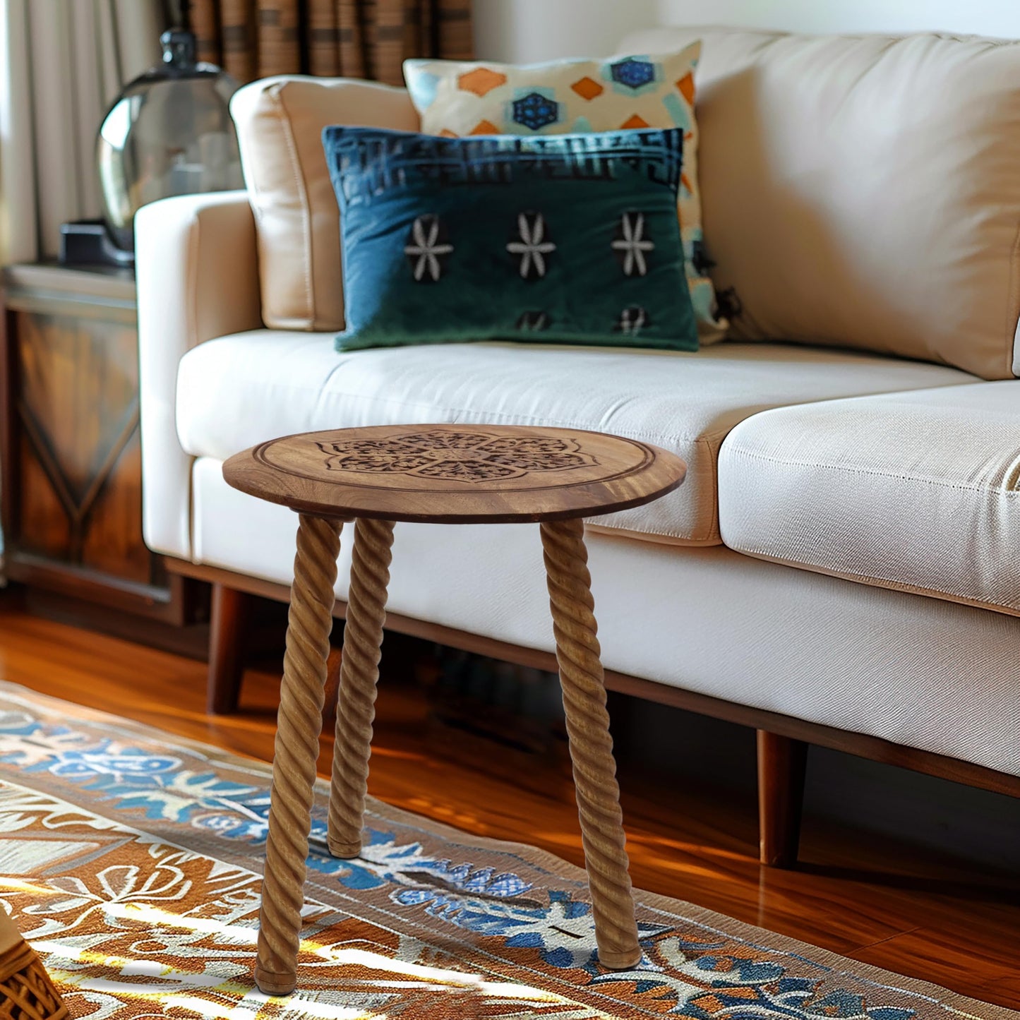 COTTON CRAFT Solid Wood End Table - Hand Carved Accent Table - Global Boho Side Table - Easy to Assemble Round Table - Small Spaces Entryway Living Room Bedside Farmhouse - 18 Inches Round - Natural