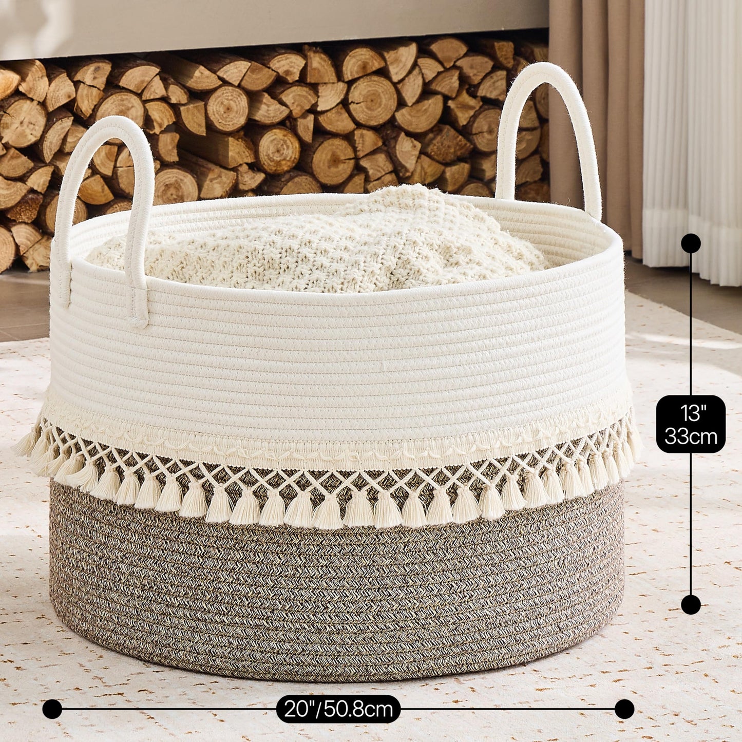 KAKAMAY Cotton Rope Storage Basket (20"x13"),Woven Hamper for Blankets,Toys,Pillows,Clothes,Laundry,Sturdy Handles Decorative Basket for Living Room, Bedroom,Nursery(Beige Fringe)