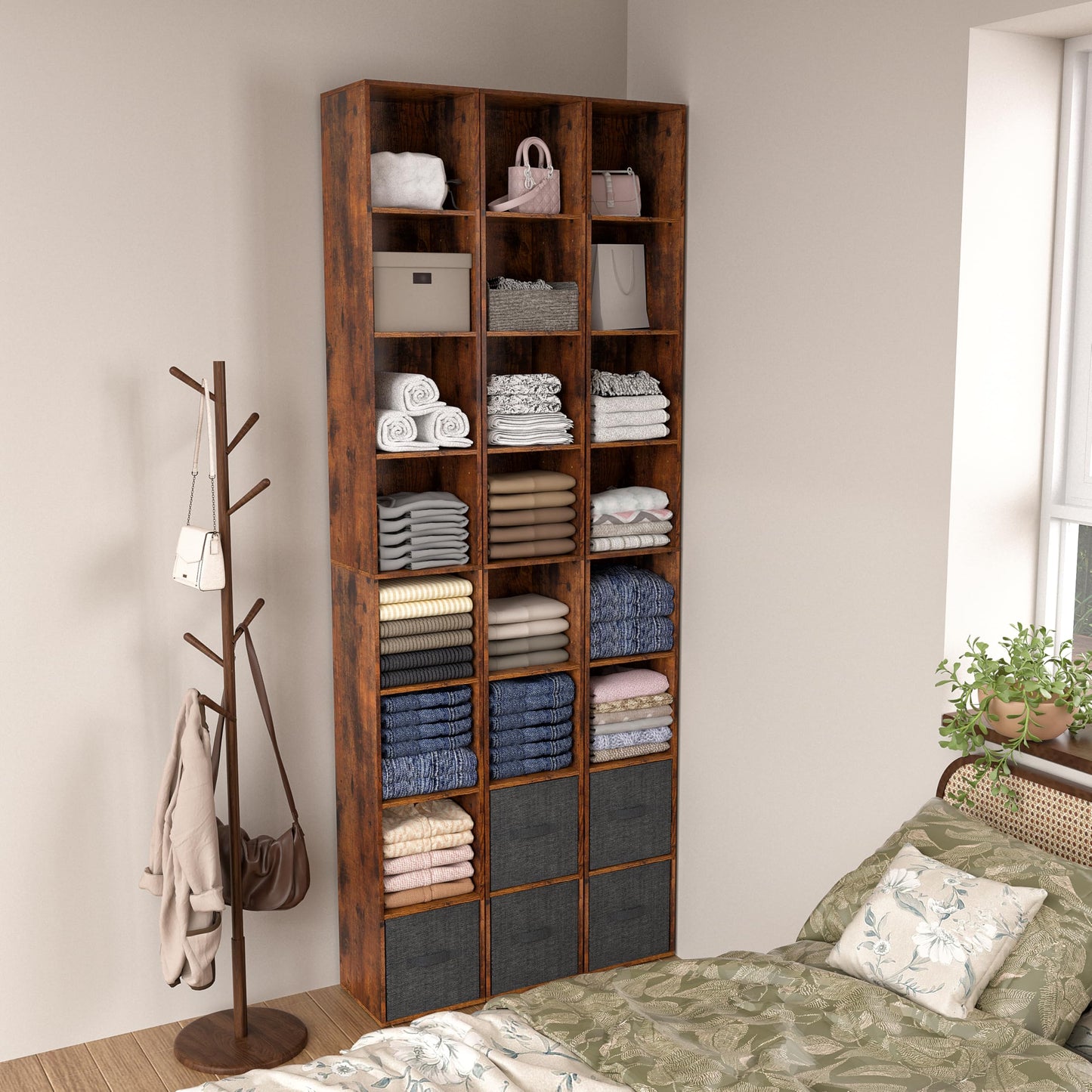 NewBeth 8-Cube Storage Organizer Bookcase, White, Tall Narrow Bookshelf for Home Office (Retro Brown)