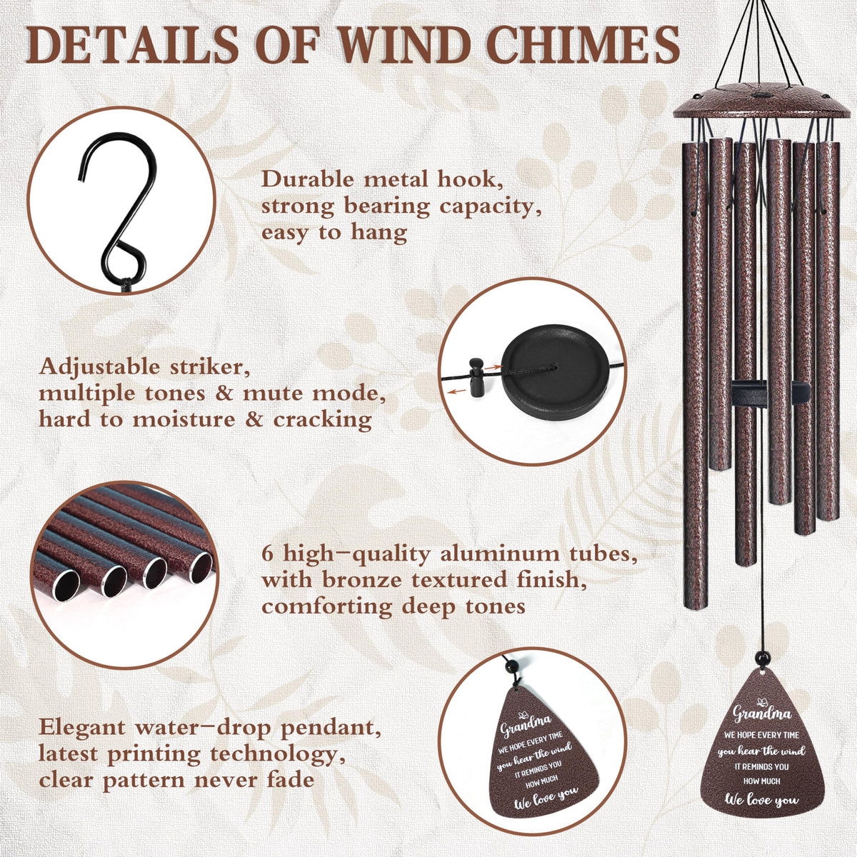 Gifts for Grandma, 32" Bronze Wind Chimes Grandma Gifts, Best Nana Ever Gift for Birthday Christmas for Grandmother Granny Grammy from Grandkids, Home Decor