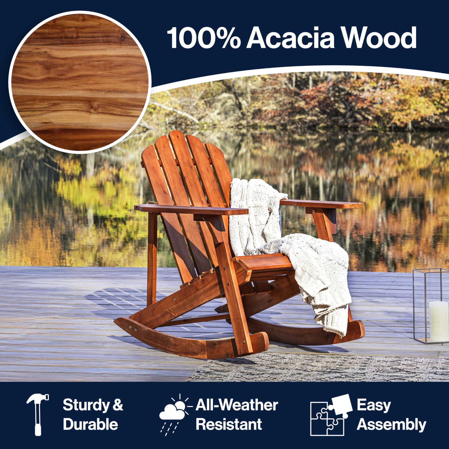 JONATHAN Y Kiawah Acacia Wood Adirondack Rocking Chair, Weather-Resistant Outdoor Slatted Rocker for Patio, Deck, Garden and Fire Pit, Solid Wood Lawn Seating, Light Brown PAT1000A