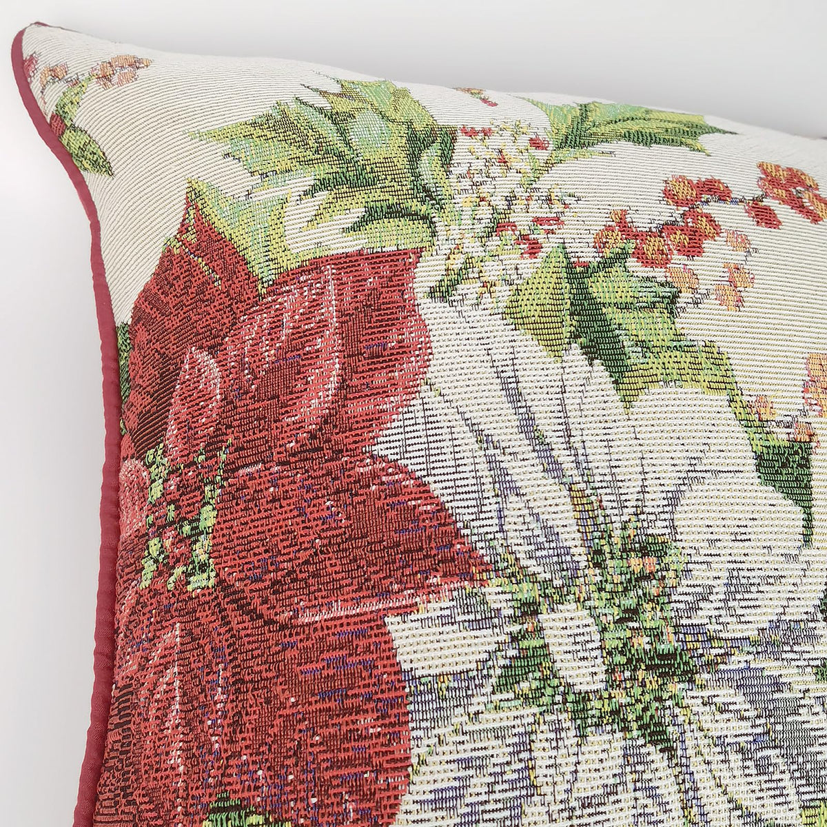 Christmas Tapestry Throw Pillow Cover 18x18 Inch - Festive Woven Jacquard Poinsettia & Holly Cushion Case - Red Piped Edges, Hidden Zipper - Decorative Holiday Home Decor for Sofa/Couch