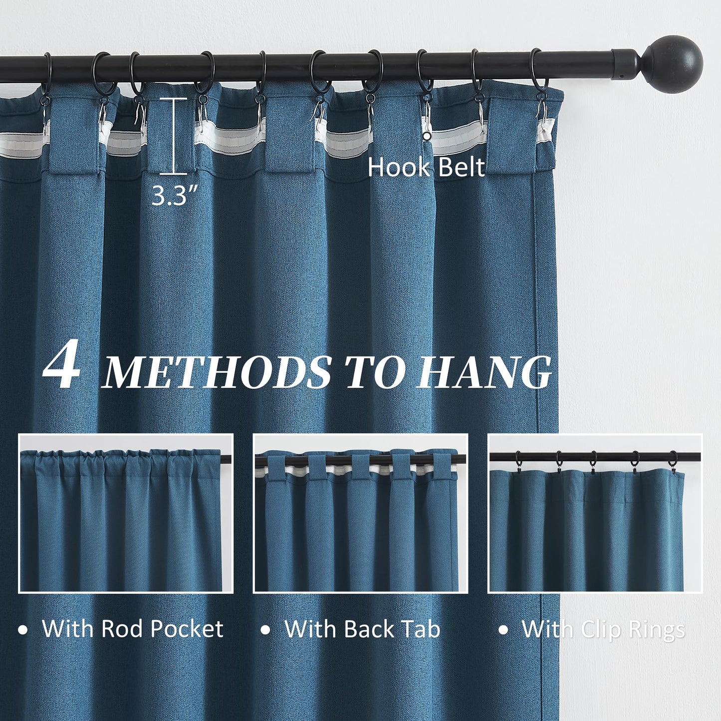 Thermal Insulated 100% Blackout Curtains 120 Inch Long 10 FT for Large Windows, Back Tab Pleated Linen Tall Drapes for Living Room Dining Room Office 2 Panels, 50 Wide Each Panel, Blue Denim