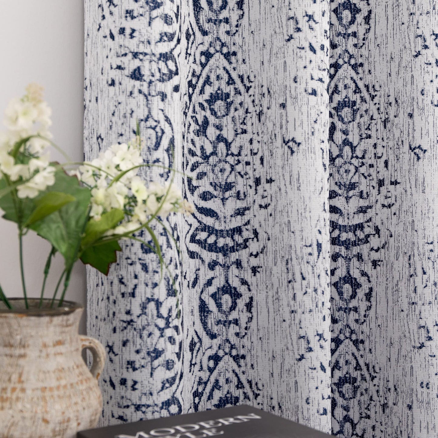 Mrs.Naturall 108 Inch Farmhouse Blackout Curtains, 9FT Damask Jacquard Luxury Grommet Drapes for Living Room Bedroom, 2 Panels Set, 9 FT Length 52'' L x 108'' W, Navy Blue