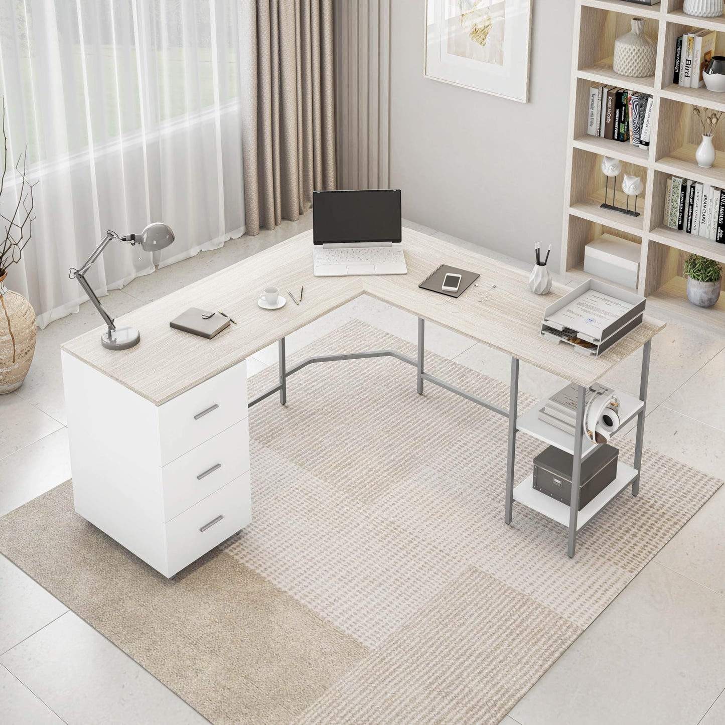 Techni Mobili L Shaped Desk - Two-Toned Computer Desk with Drawers & Storage Shelves - Simple Modern Furniture & Home Office Space Corner Table for Work & Writing
