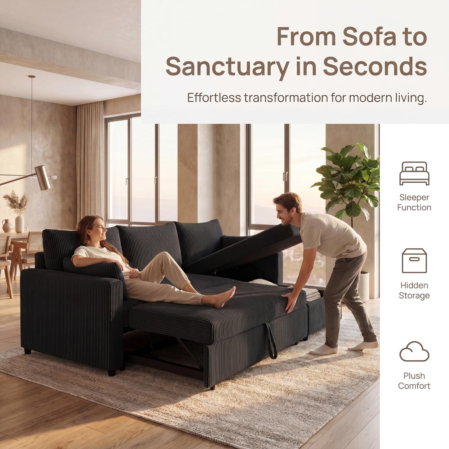Trygoal Queen Sleeper Sofa, Convertible Sofa Bed with Storage, 85 Inch Sectional Couch with Pull Out Bed, L Shaped 3 Seat Sectional Sleeper Sofa for Living Room, Apartment, Black