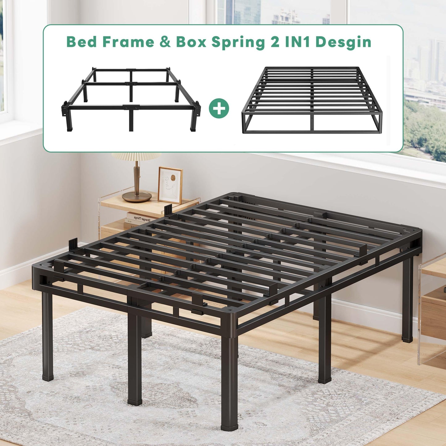 Superay Full Bed Frame, 20 inch Metal Bed Frame & Box Spring 2 in 1 Platform with Rounded Legs, Double Layer Bed Frame with Matress Gasket & headboard Adapter, Support Up to 4000lbs