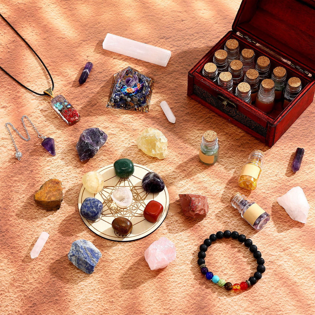 64 Pcs Crystals and Healing Stones Set for Meditation,7 Raw Chakra Stones Crystals Kit Pyramid Reiki Real Crystal Stone with Wooden Box, Lava Bracelet, Chakra Necklace, Gifts for Crystal Beginners